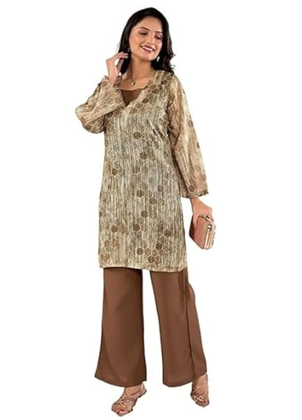 Women’s Brown Geometric Print Tunic with Wide-Leg Palazzos – 2 Piece Co-ord Set