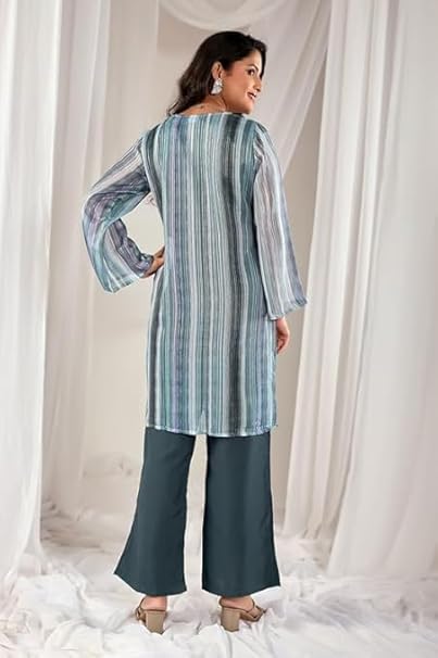 Striped V-Neck A-Line Kurta Set – Teal & Grey Multi-Toned Ethnic Co-ord with Wide Leg Trousers