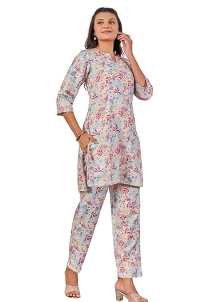 Women's 2-Piece Printed Ethnic Co-ord Set - Stylish V-Neck Tunic and Trouser Set for Casual & Summer Wear