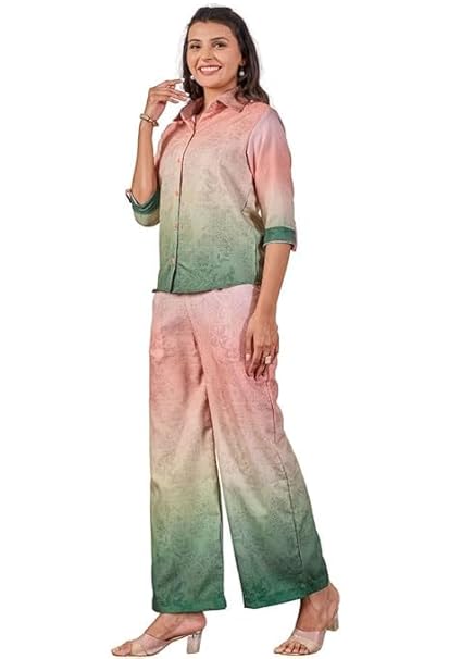 Women's Ombre Floral Print Co-ord Set - Peach & Sage Green Dual-Tone Shirt and Palazzo Trousers Loungewear