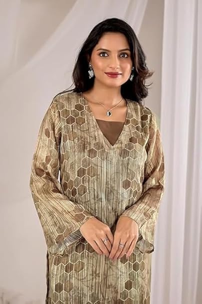 Women’s Brown Geometric Print Tunic with Wide-Leg Palazzos – 2 Piece Co-ord Set