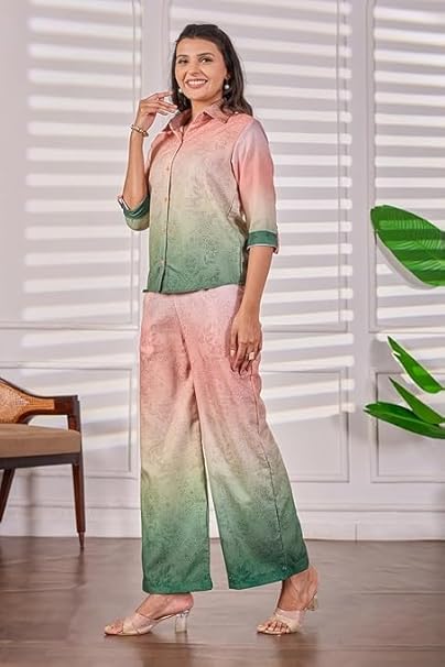 Women's Ombre Floral Print Co-ord Set - Peach & Sage Green Dual-Tone Shirt and Palazzo Trousers Loungewear