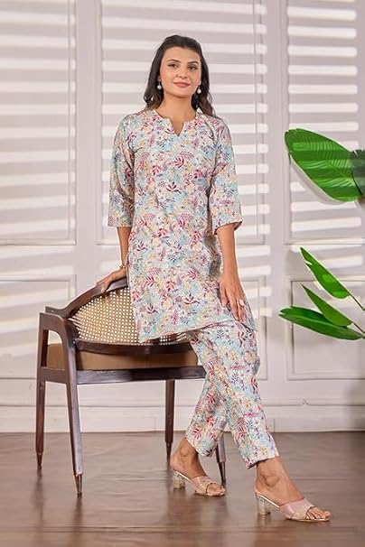 Women's 2-Piece Printed Ethnic Co-ord Set - Stylish V-Neck Tunic and Trouser Set for Casual & Summer Wear