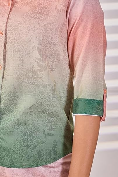 Women's Ombre Floral Print Co-ord Set - Peach & Sage Green Dual-Tone Shirt and Palazzo Trousers Loungewear