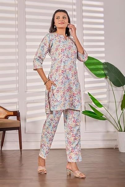 Women's 2-Piece Printed Ethnic Co-ord Set - Stylish V-Neck Tunic and Trouser Set for Casual & Summer Wear