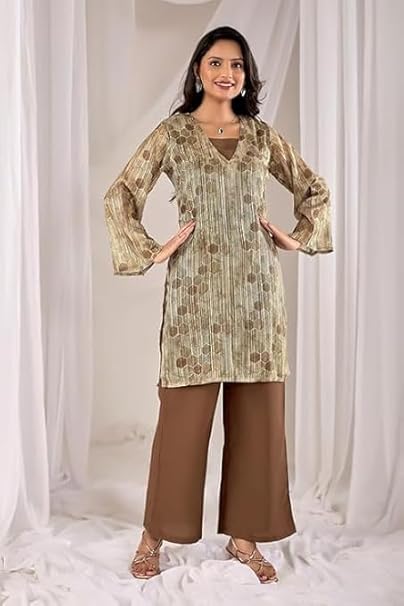 Women’s Brown Geometric Print Tunic with Wide-Leg Palazzos – 2 Piece Co-ord Set