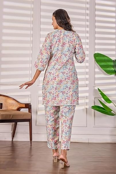 Women's 2-Piece Printed Ethnic Co-ord Set - Stylish V-Neck Tunic and Trouser Set for Casual & Summer Wear