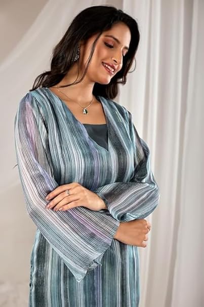 Striped V-Neck A-Line Kurta Set – Teal & Grey Multi-Toned Ethnic Co-ord with Wide Leg Trousers