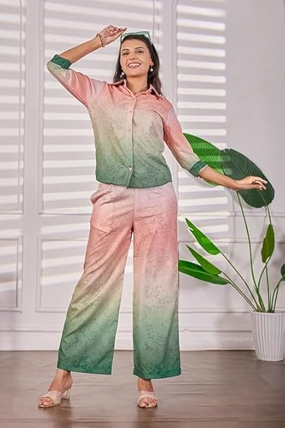 Women's Ombre Floral Print Co-ord Set - Peach & Sage Green Dual-Tone Shirt and Palazzo Trousers Loungewear