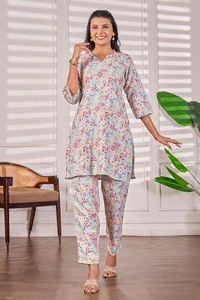 Women's 2-Piece Printed Ethnic Co-ord Set - Stylish V-Neck Tunic and Trouser Set for Casual & Summer Wear