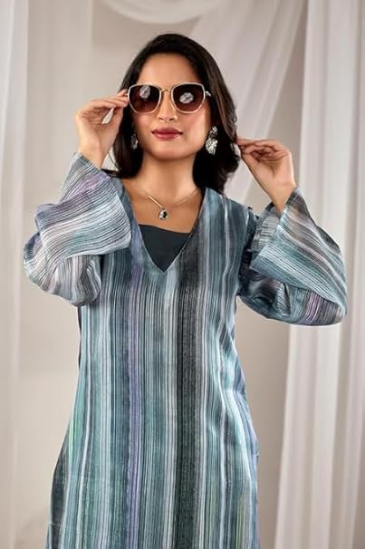 Striped V-Neck A-Line Kurta Set – Teal & Grey Multi-Toned Ethnic Co-ord with Wide Leg Trousers