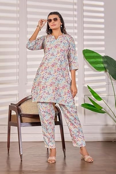 Women's 2-Piece Printed Ethnic Co-ord Set - Stylish V-Neck Tunic and Trouser Set for Casual & Summer Wear