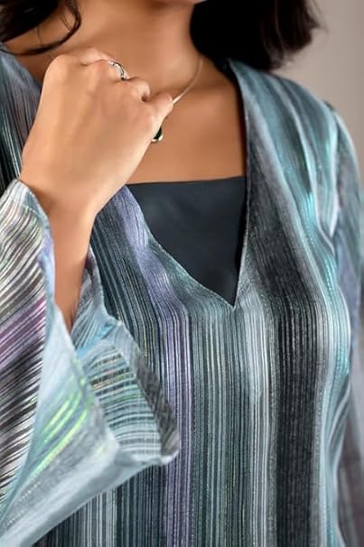 Striped V-Neck A-Line Kurta Set – Teal & Grey Multi-Toned Ethnic Co-ord with Wide Leg Trousers