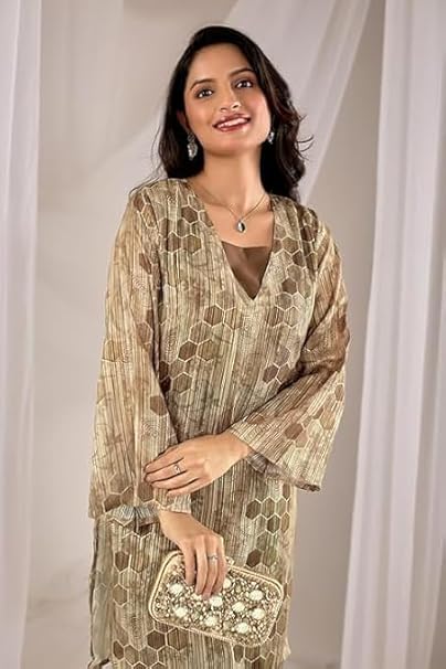 Women’s Brown Geometric Print Tunic with Wide-Leg Palazzos – 2 Piece Co-ord Set