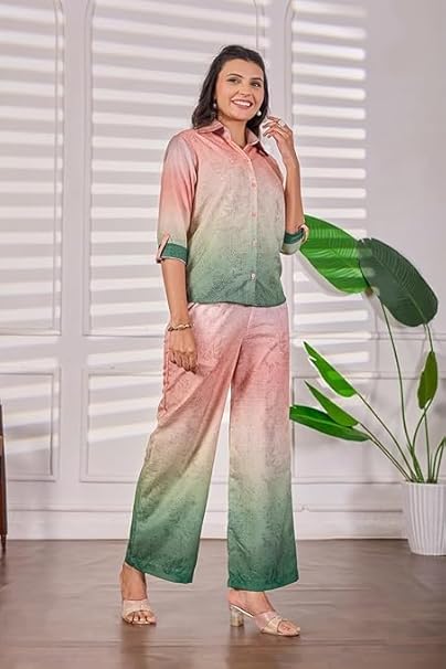 Women's Ombre Floral Print Co-ord Set - Peach & Sage Green Dual-Tone Shirt and Palazzo Trousers Loungewear