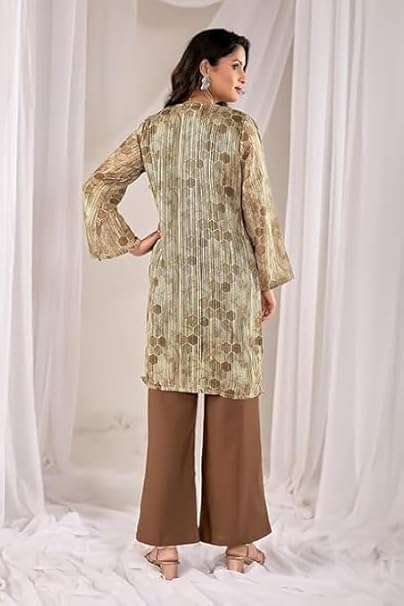 Women’s Brown Geometric Print Tunic with Wide-Leg Palazzos – 2 Piece Co-ord Set