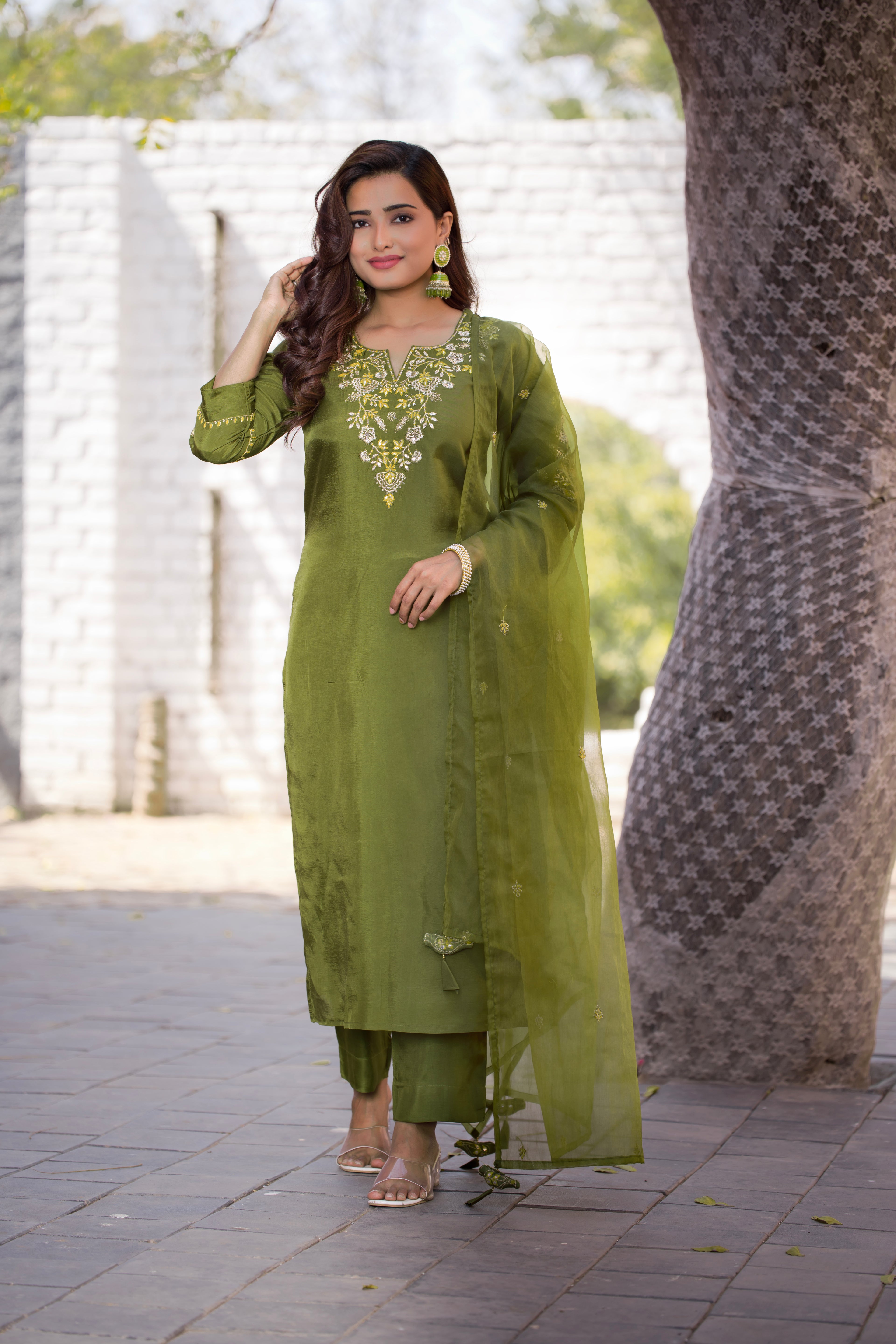 VARAMYA GREEN Silk Straight Suit