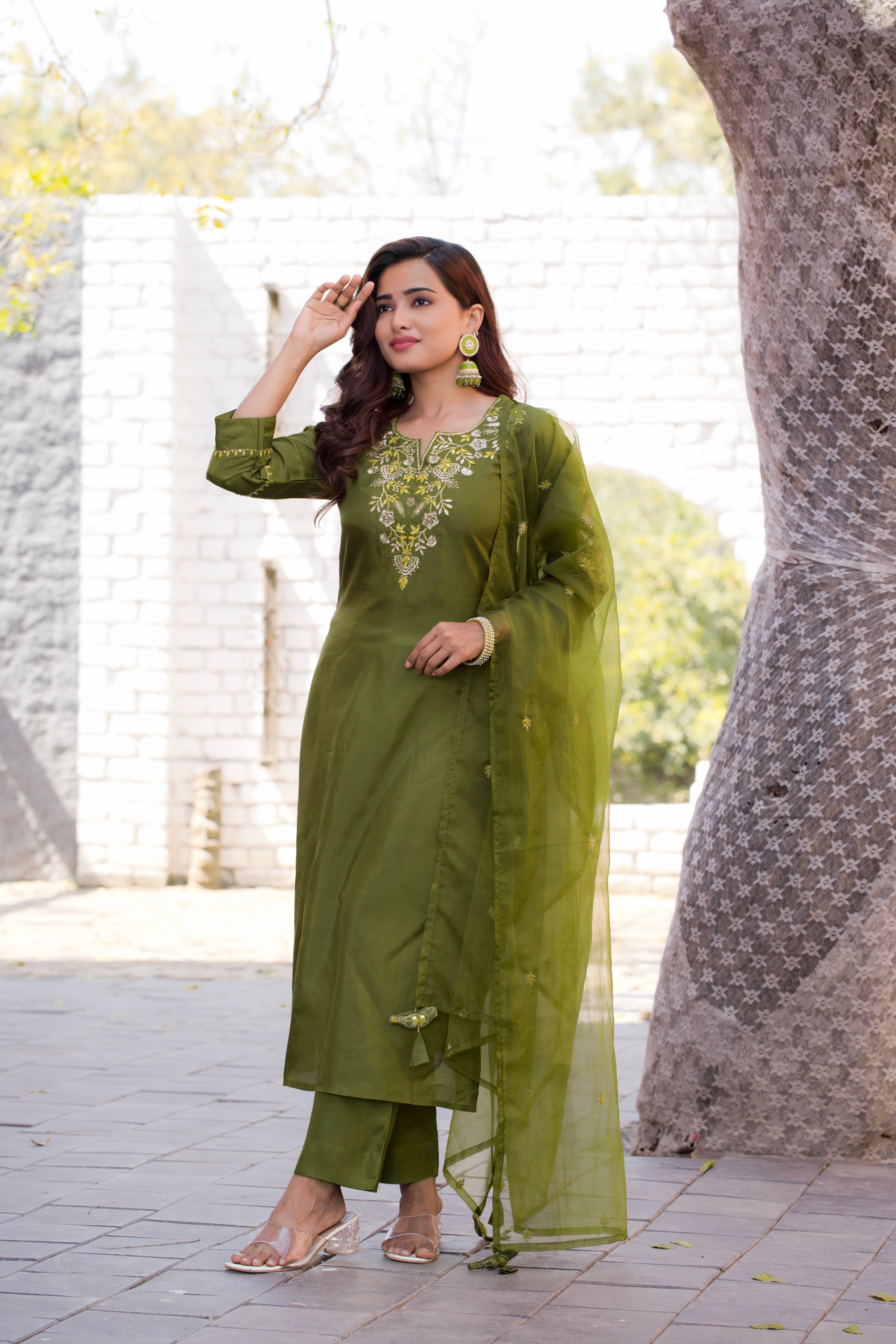 VARAMYA GREEN Silk Straight Suit