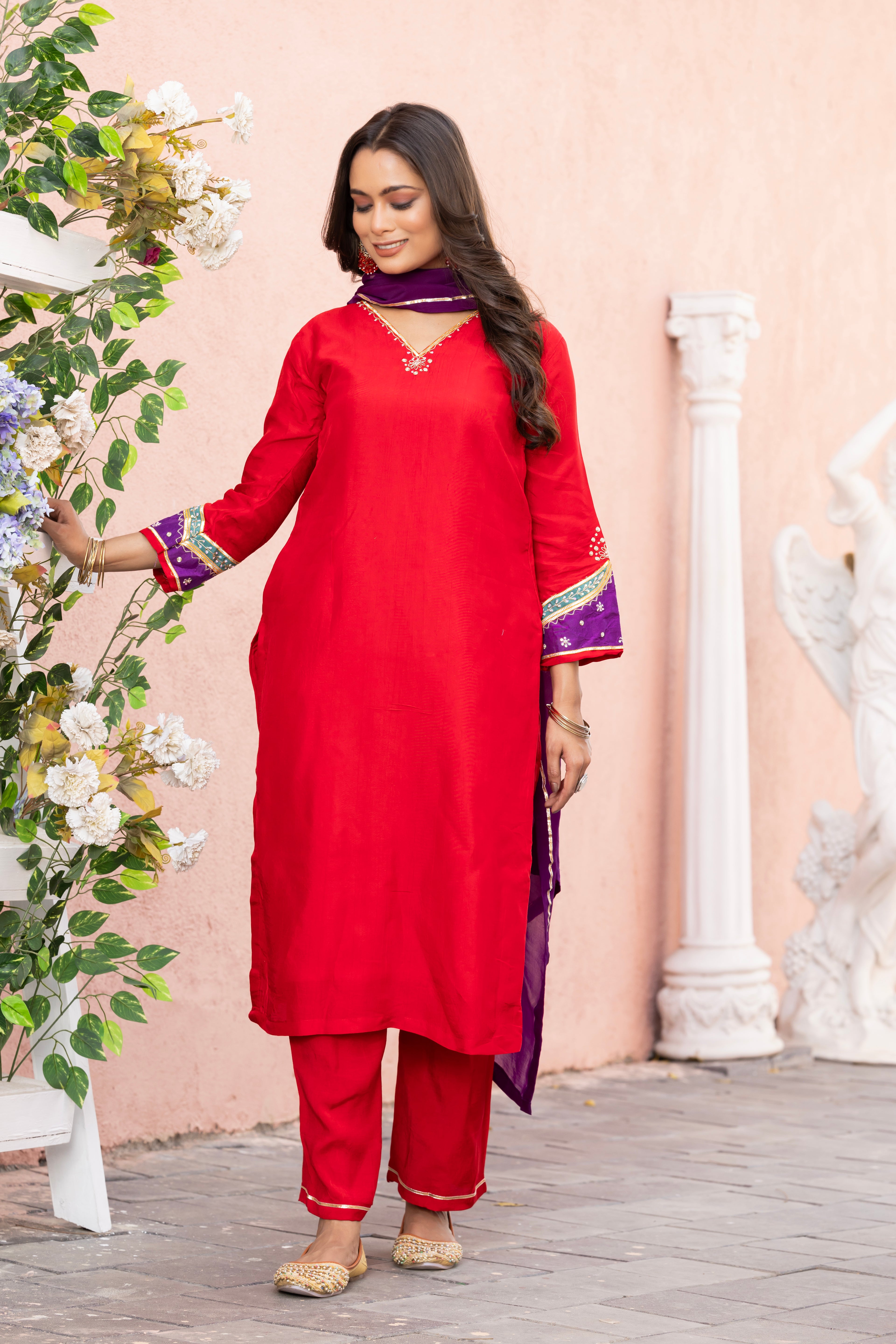 VARAMYA Red Straight Handwork Silk Suit