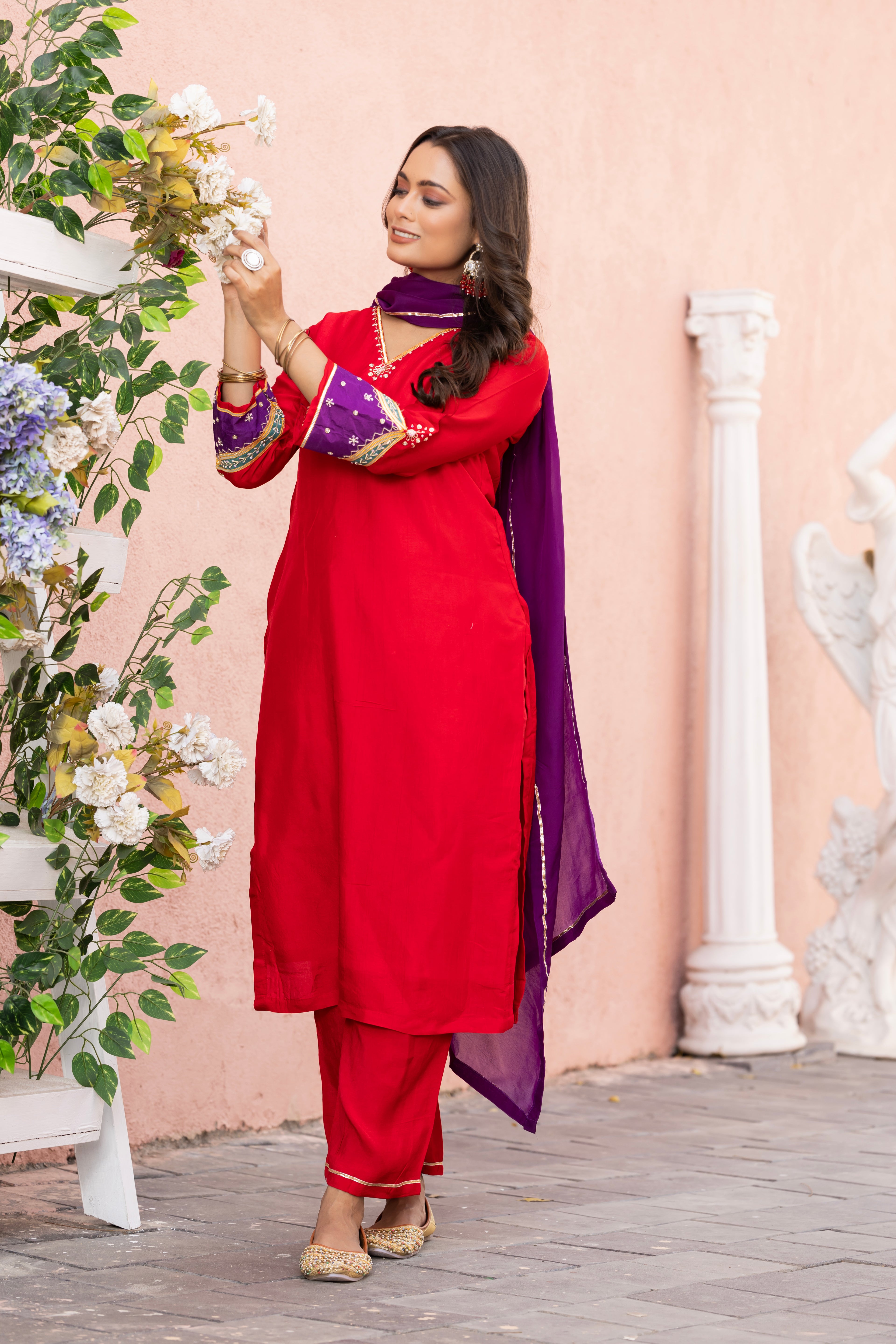 VARAMYA Red Straight Handwork Silk Suit