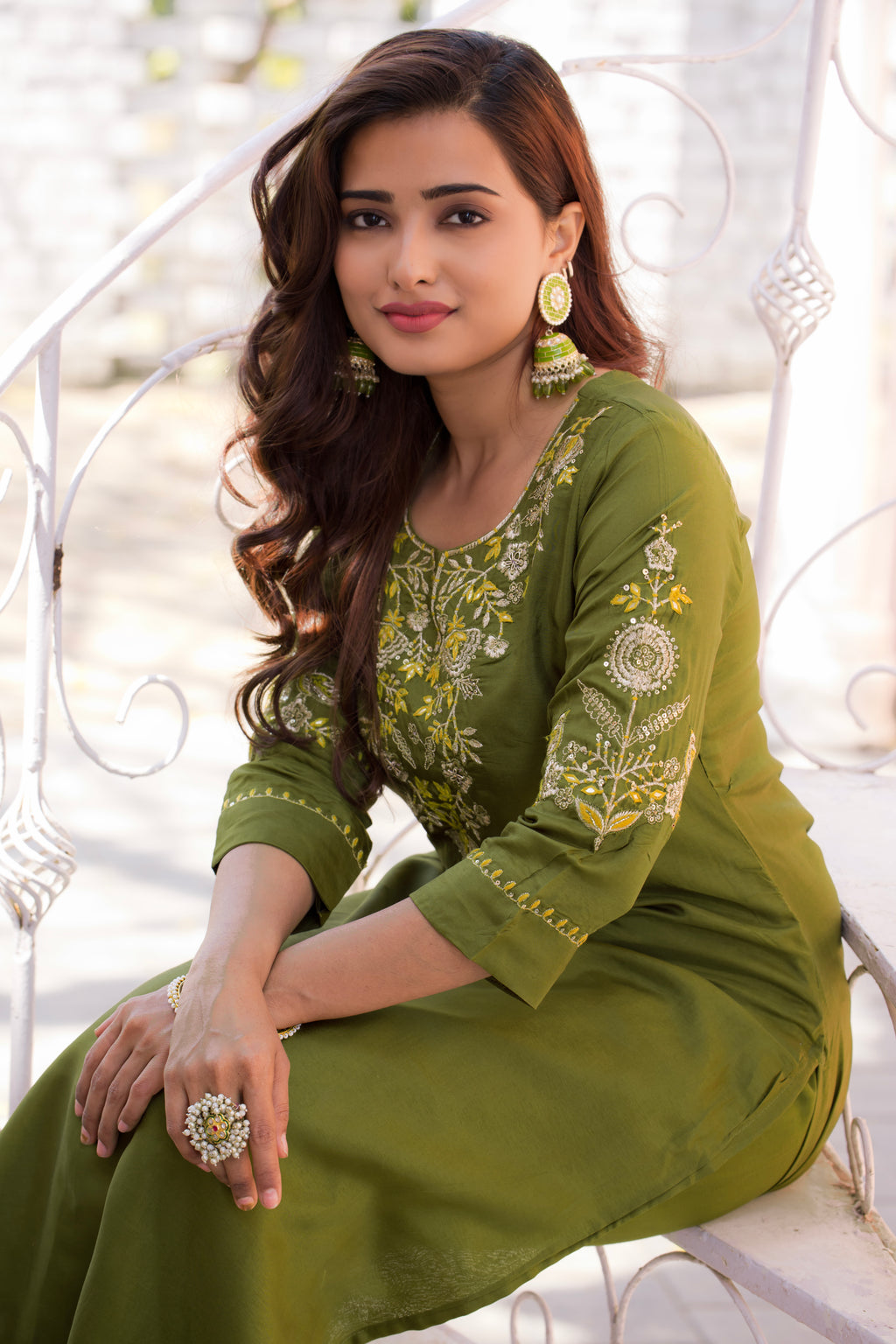 VARAMYA GREEN Silk Straight Suit
