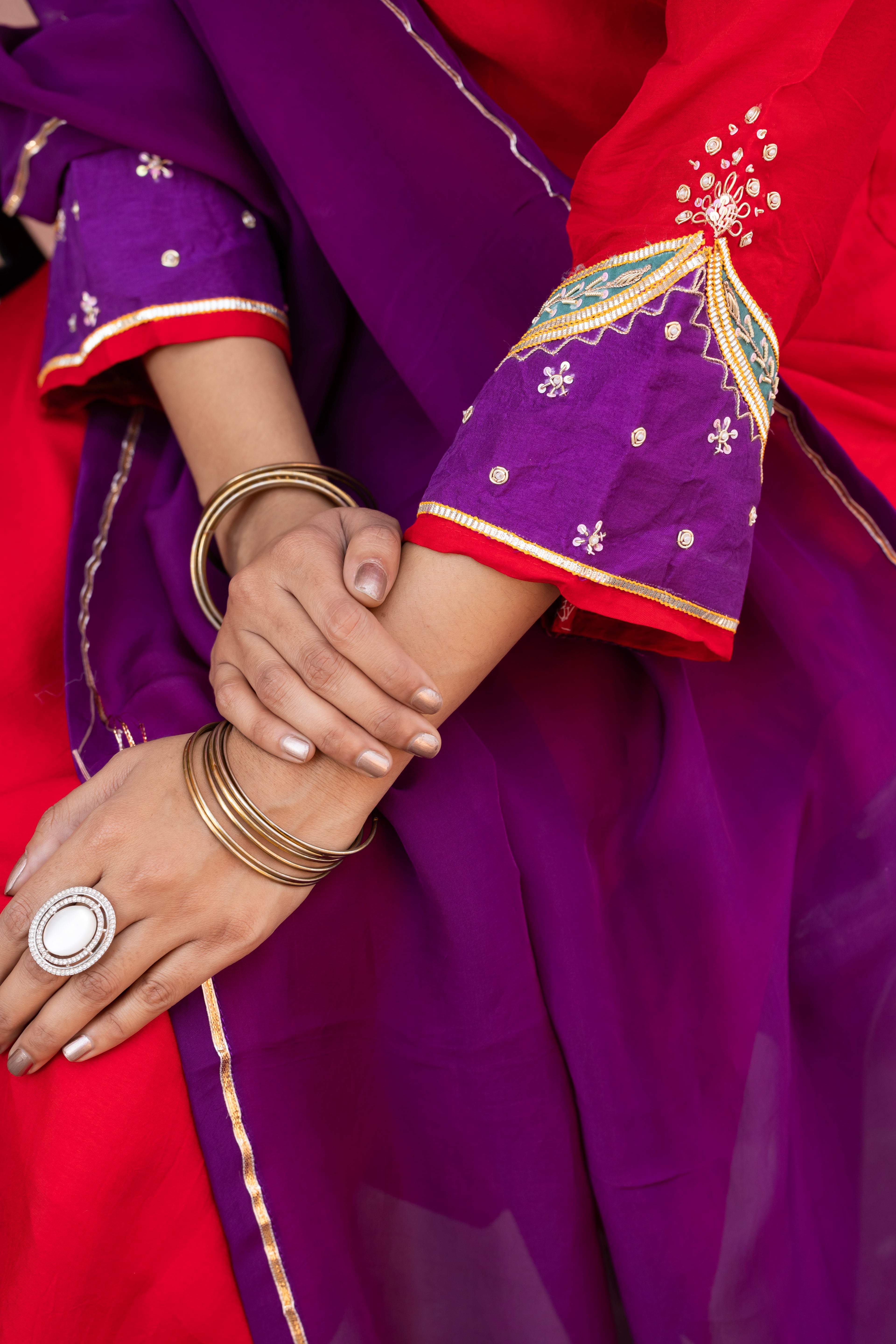 VARAMYA Red Straight Handwork Silk Suit