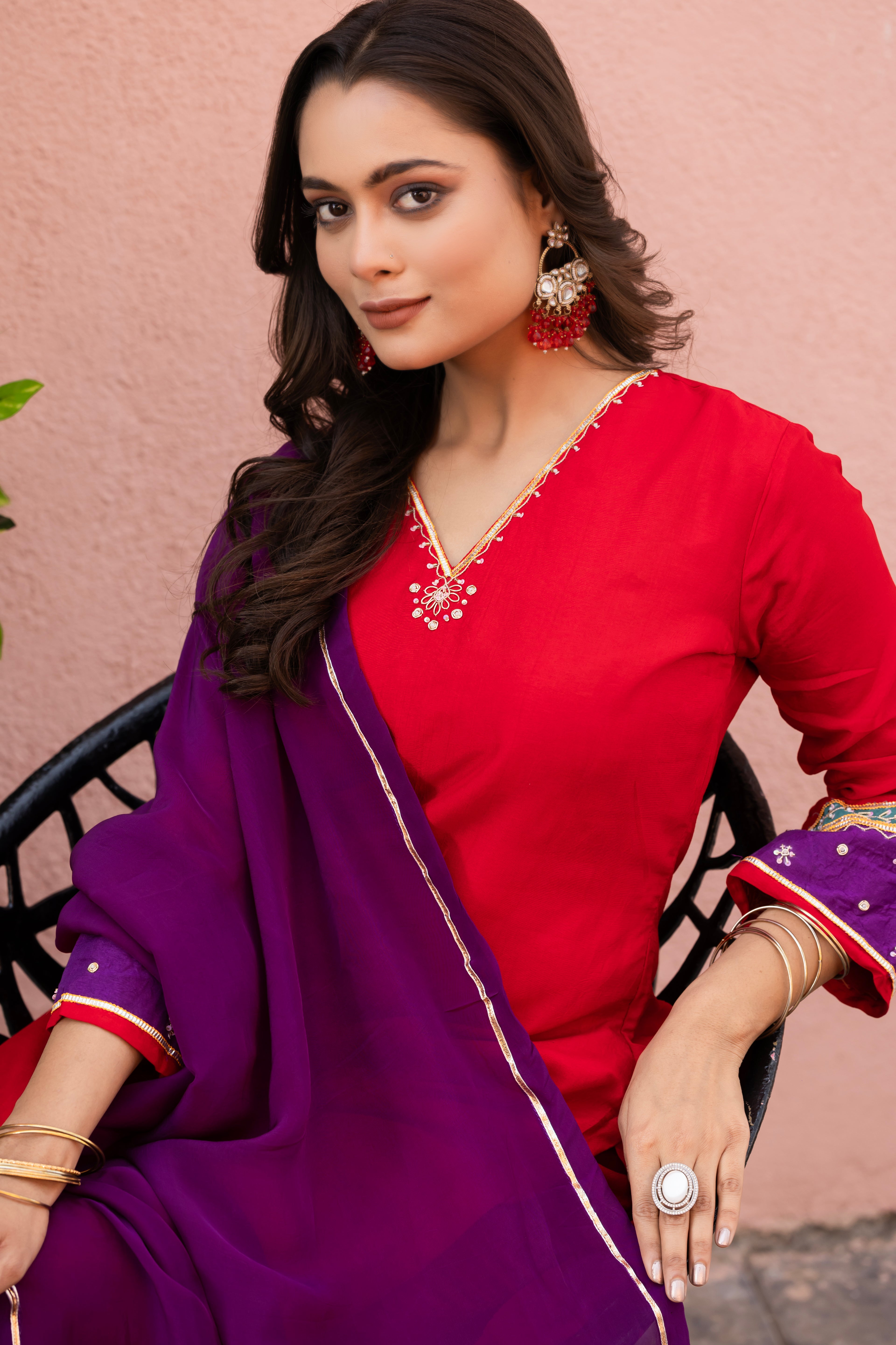 VARAMYA Red Straight Handwork Silk Suit