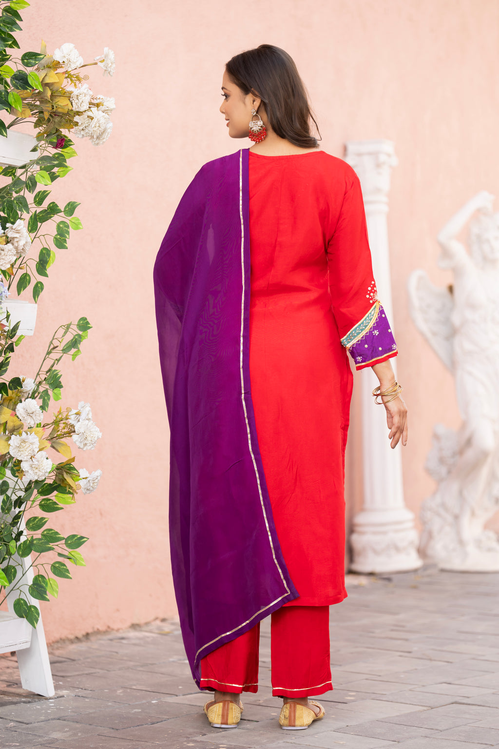 VARAMYA Red Straight Handwork Silk Suit