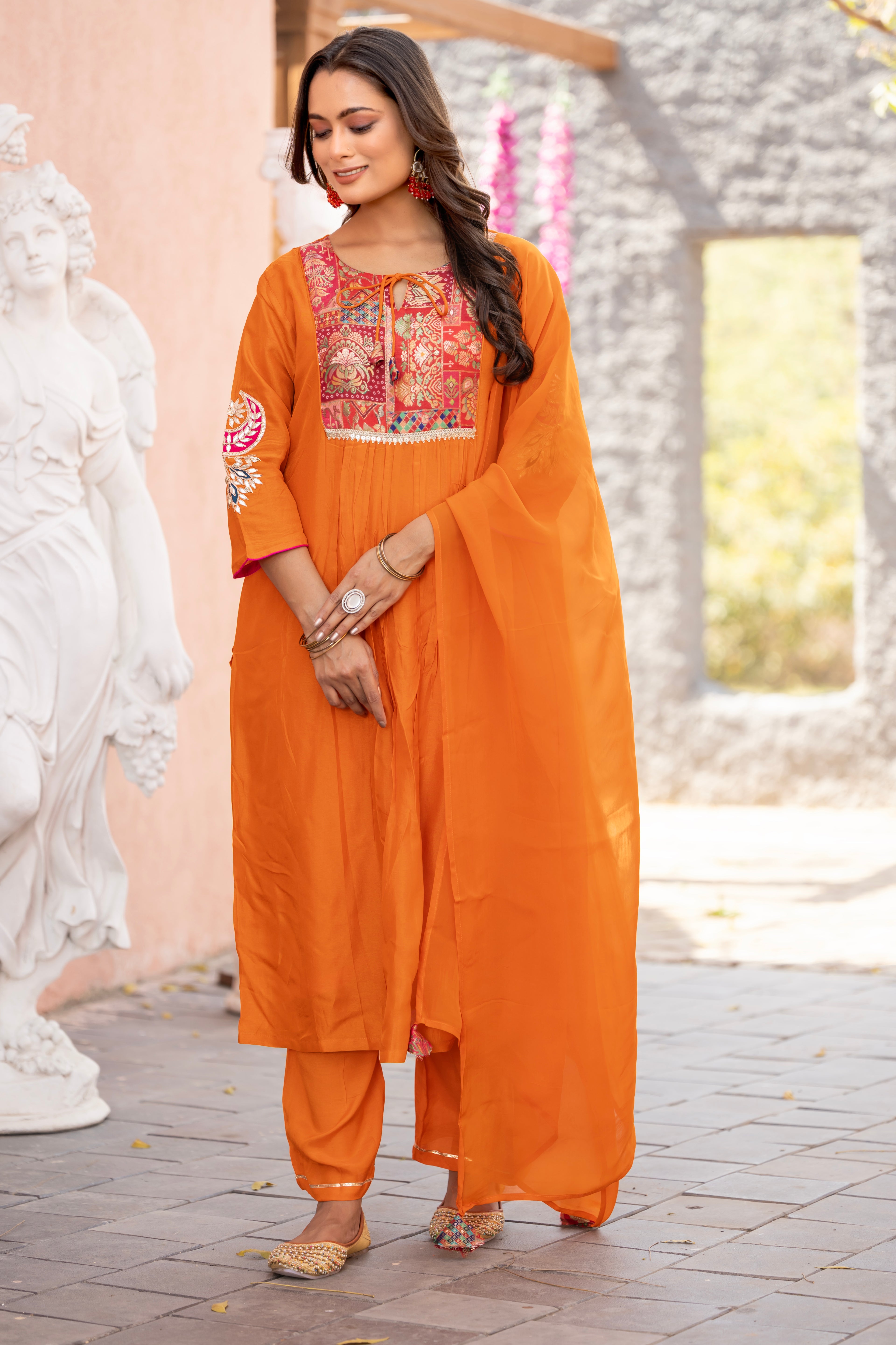 VARAMYA A-Line Gota-Patti Orange Straight Suit Set