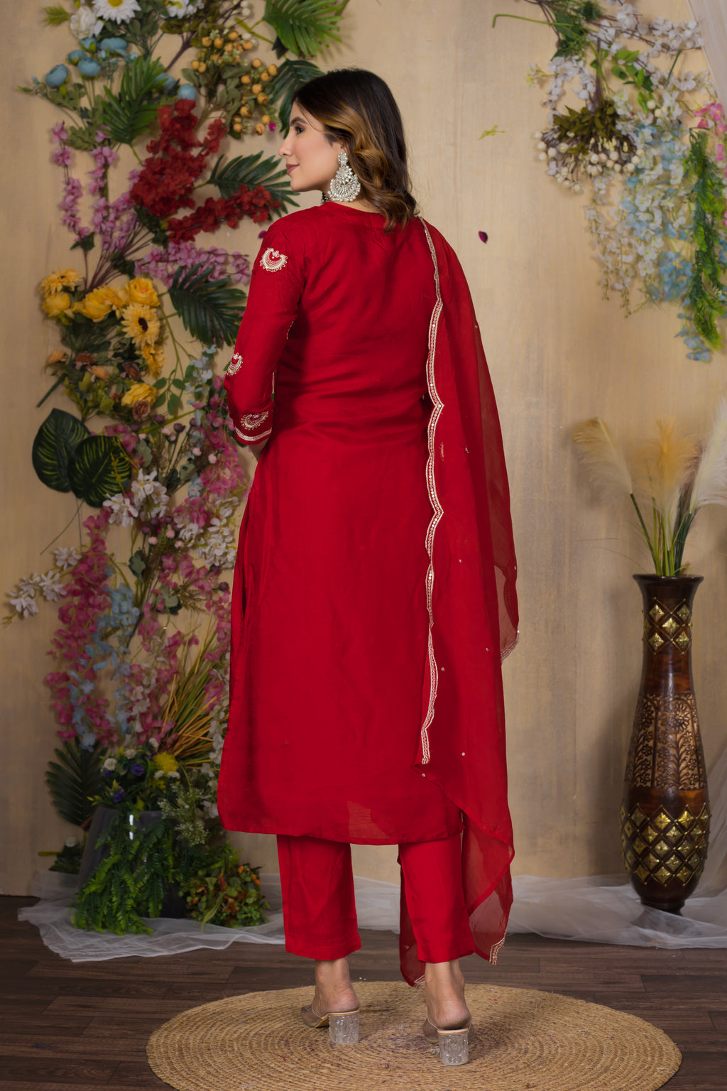 VARAMYA RED SILK STRAIGHT SUIT