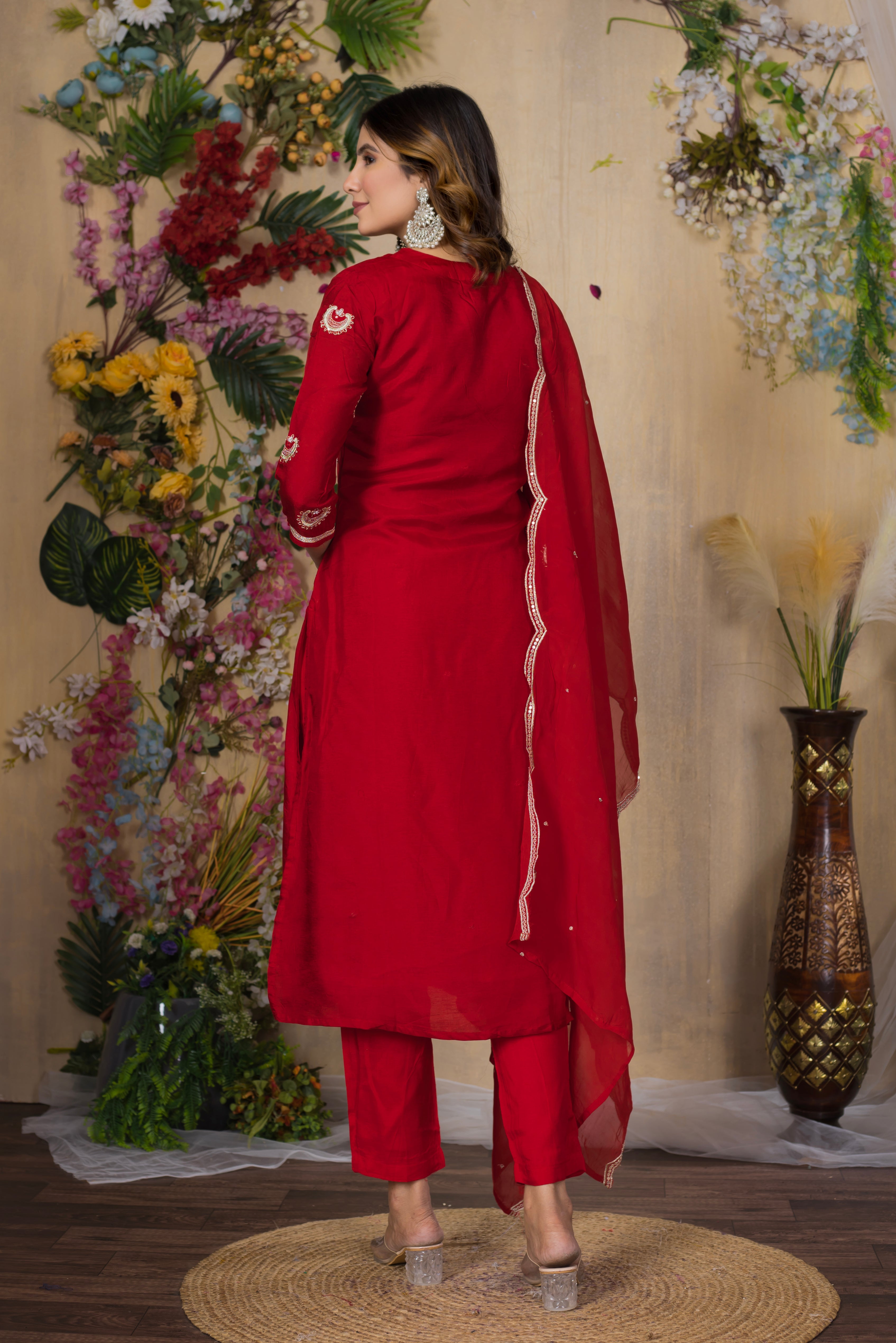 VARAMYA RED SILK STRAIGHT SUIT