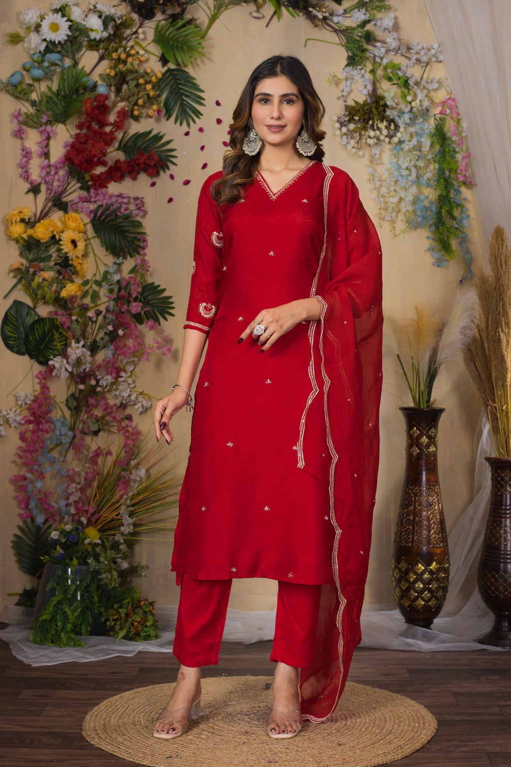 VARAMYA RED SILK STRAIGHT SUIT