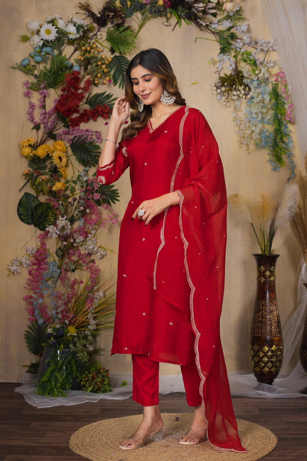 VARAMYA RED SILK STRAIGHT SUIT