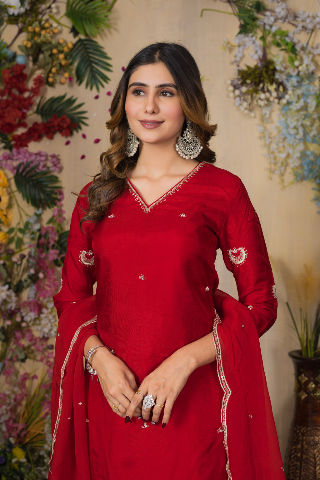 VARAMYA RED SILK STRAIGHT SUIT