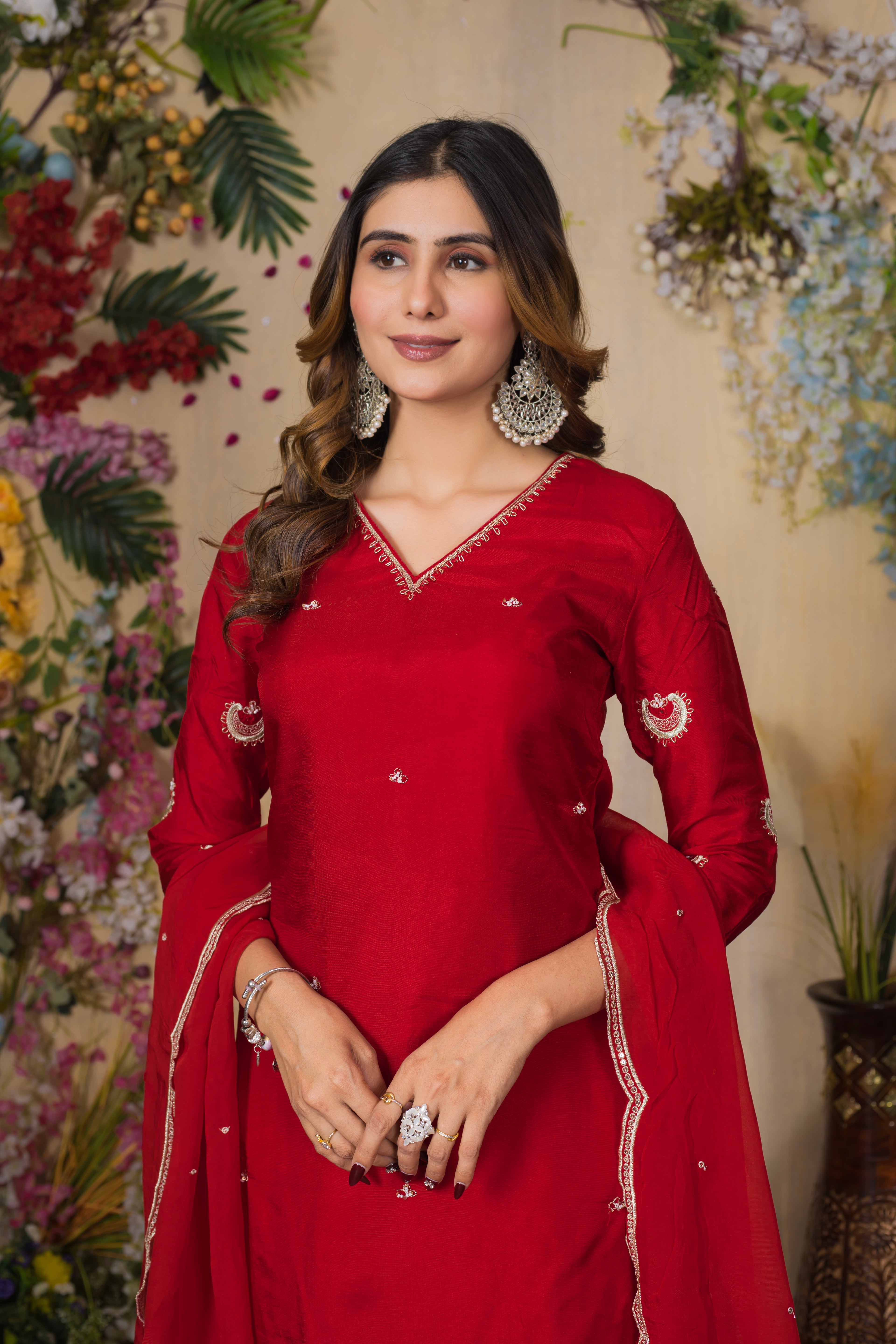 VARAMYA RED SILK STRAIGHT SUIT