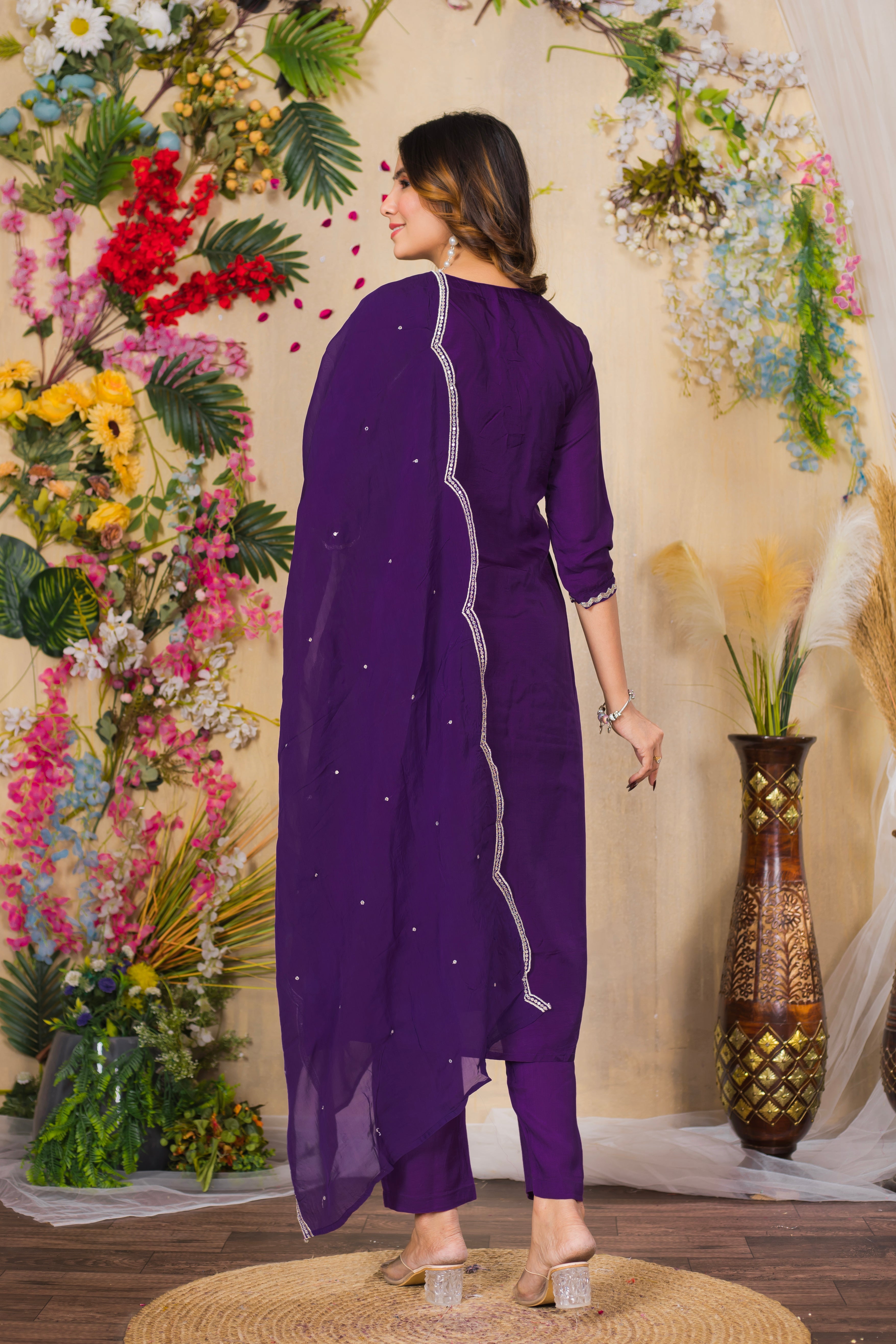 VARAMYA PURPLE SILK WOVEN EMBROIDERED SUIT SET