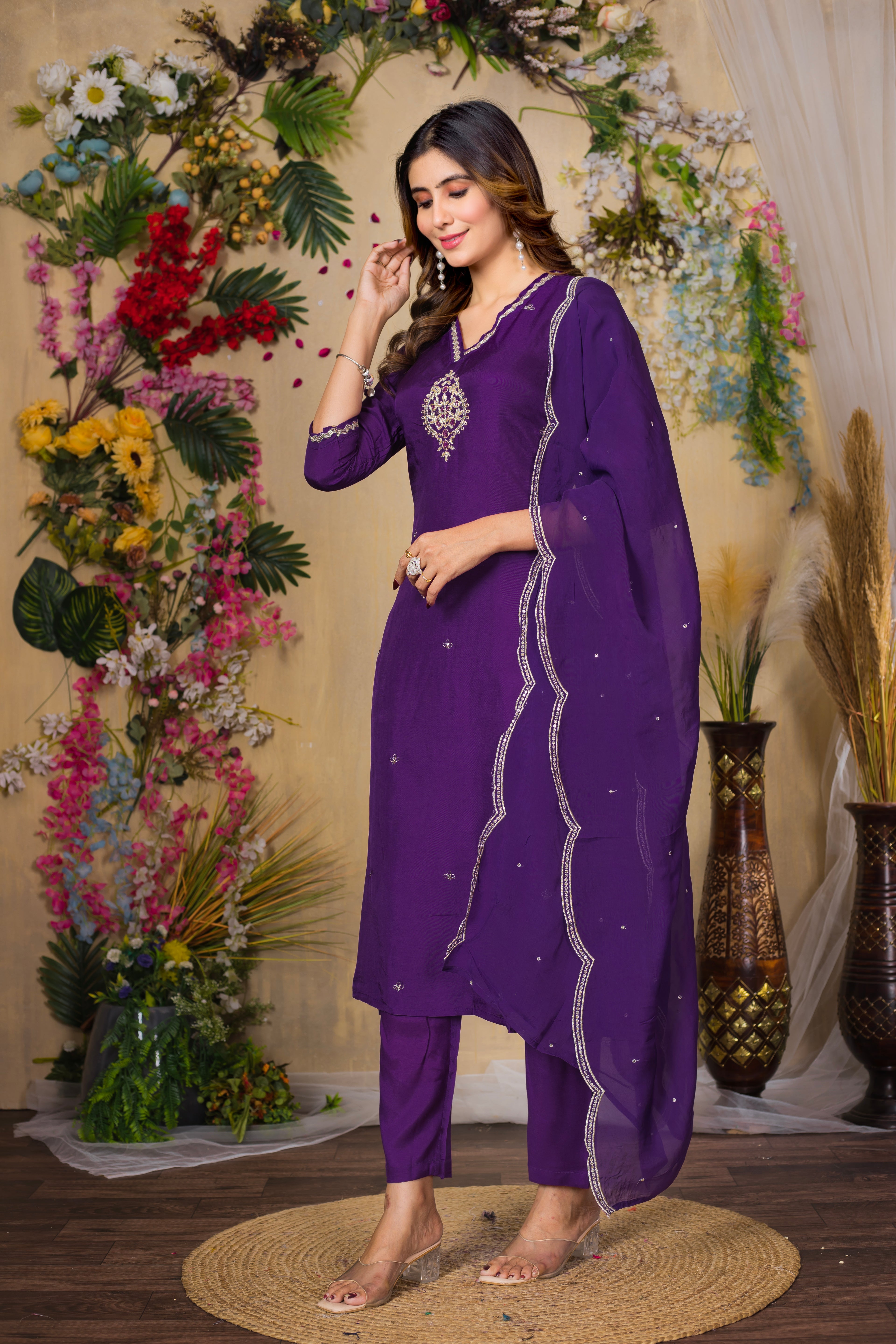 VARAMYA PURPLE SILK WOVEN EMBROIDERED SUIT SET