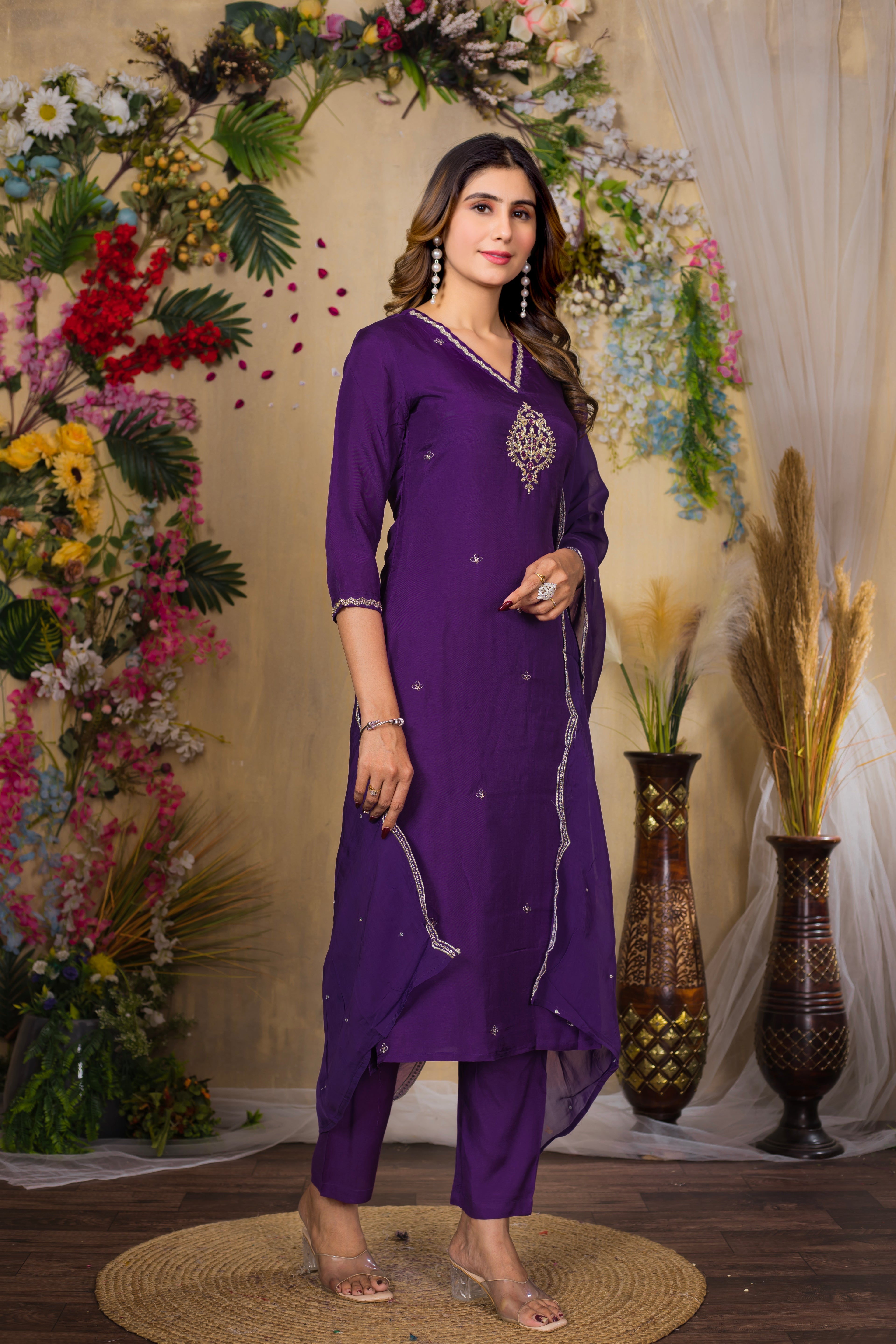 VARAMYA PURPLE SILK WOVEN EMBROIDERED SUIT SET