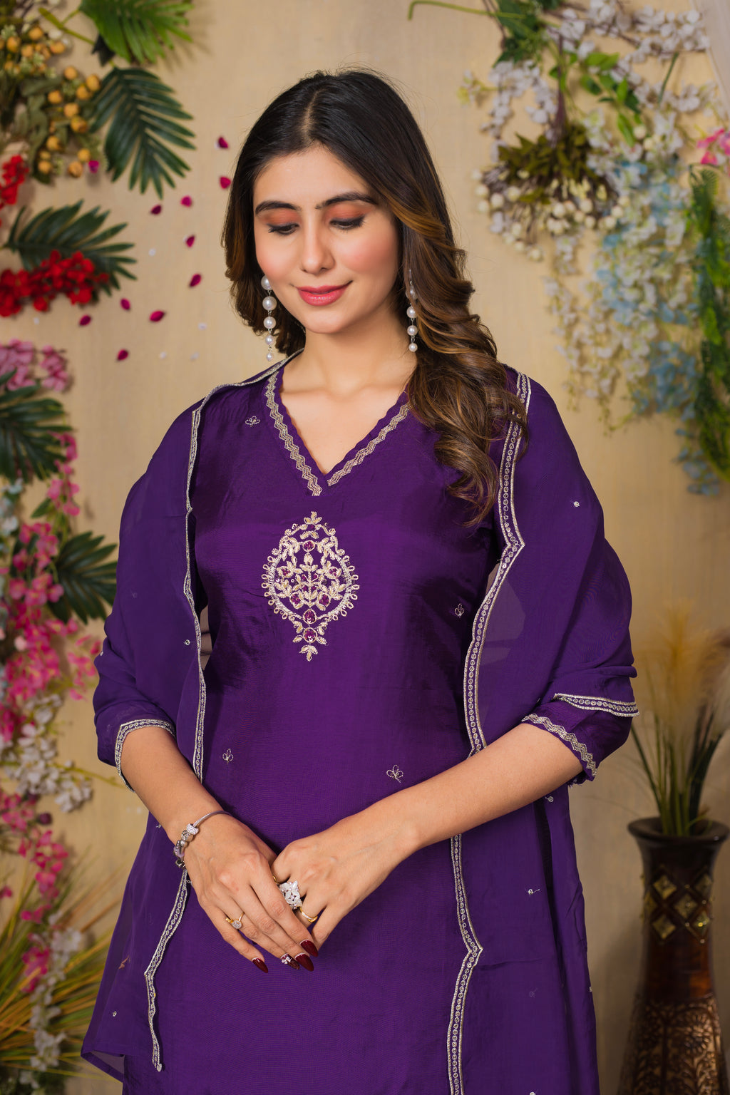 VARAMYA PURPLE SILK WOVEN EMBROIDERED SUIT SET