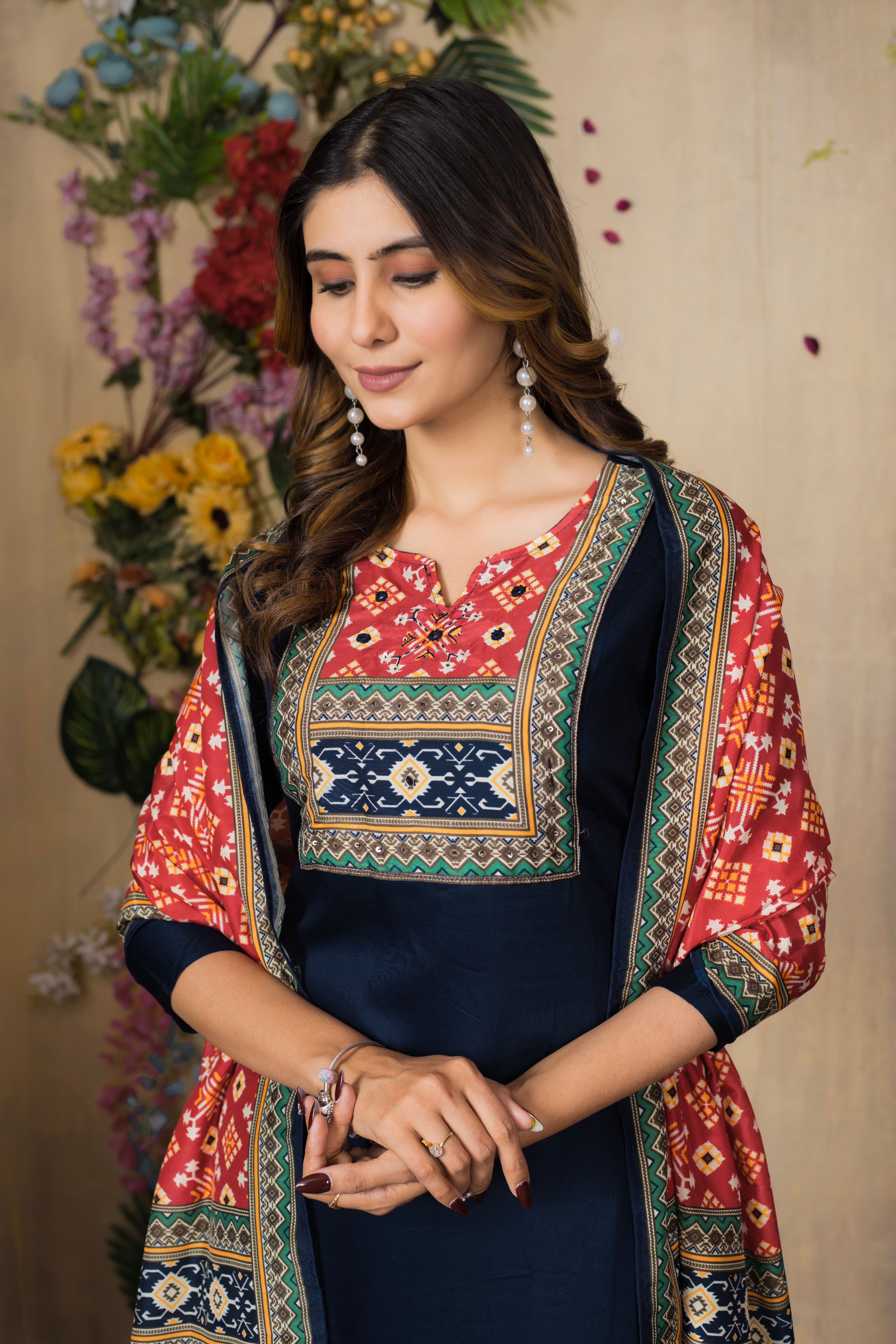 VARAMYA Navy-Blue Straight Silk Suit