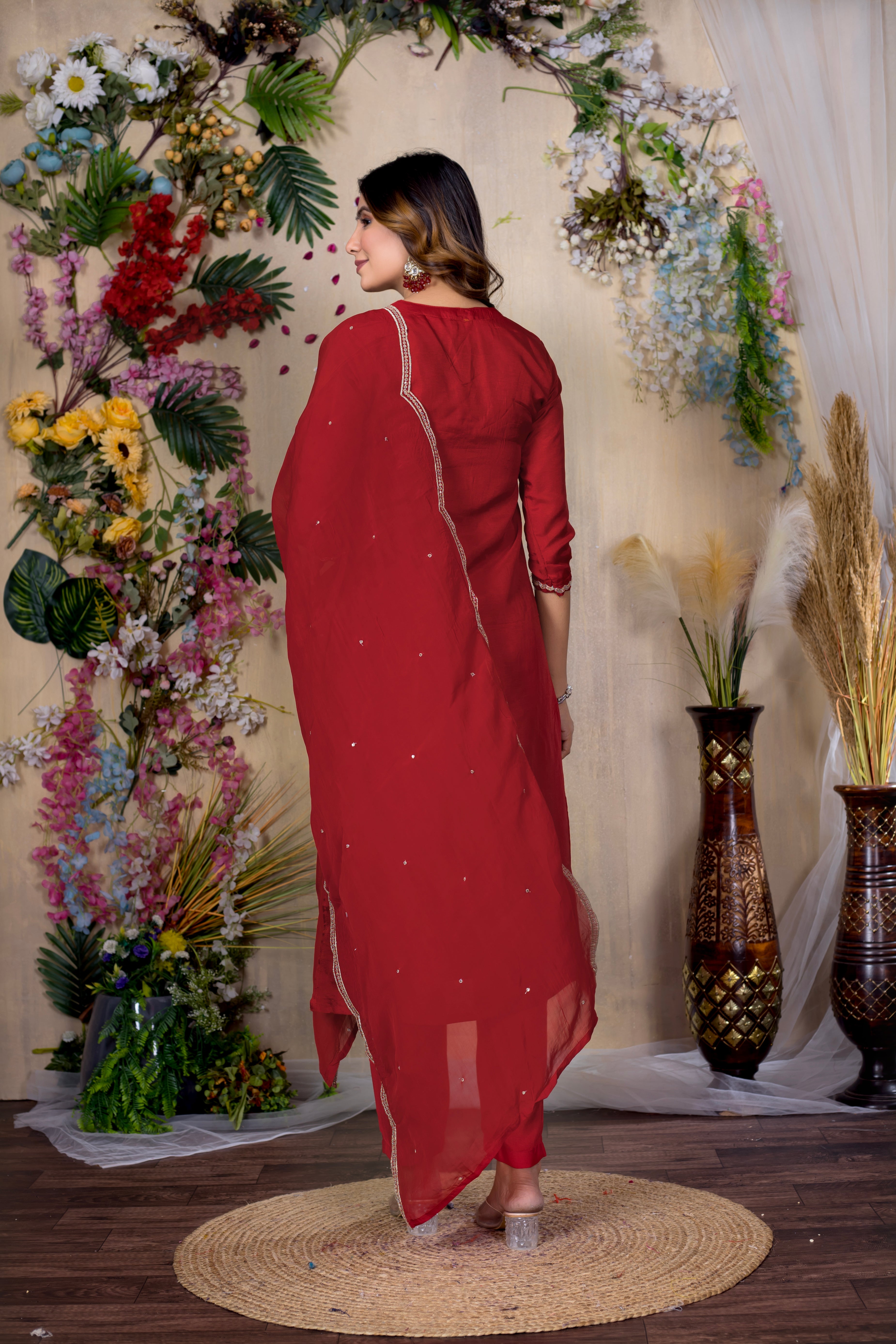 VARAMYA RED SILK WOVEN EMBROIDERED SUIT SET