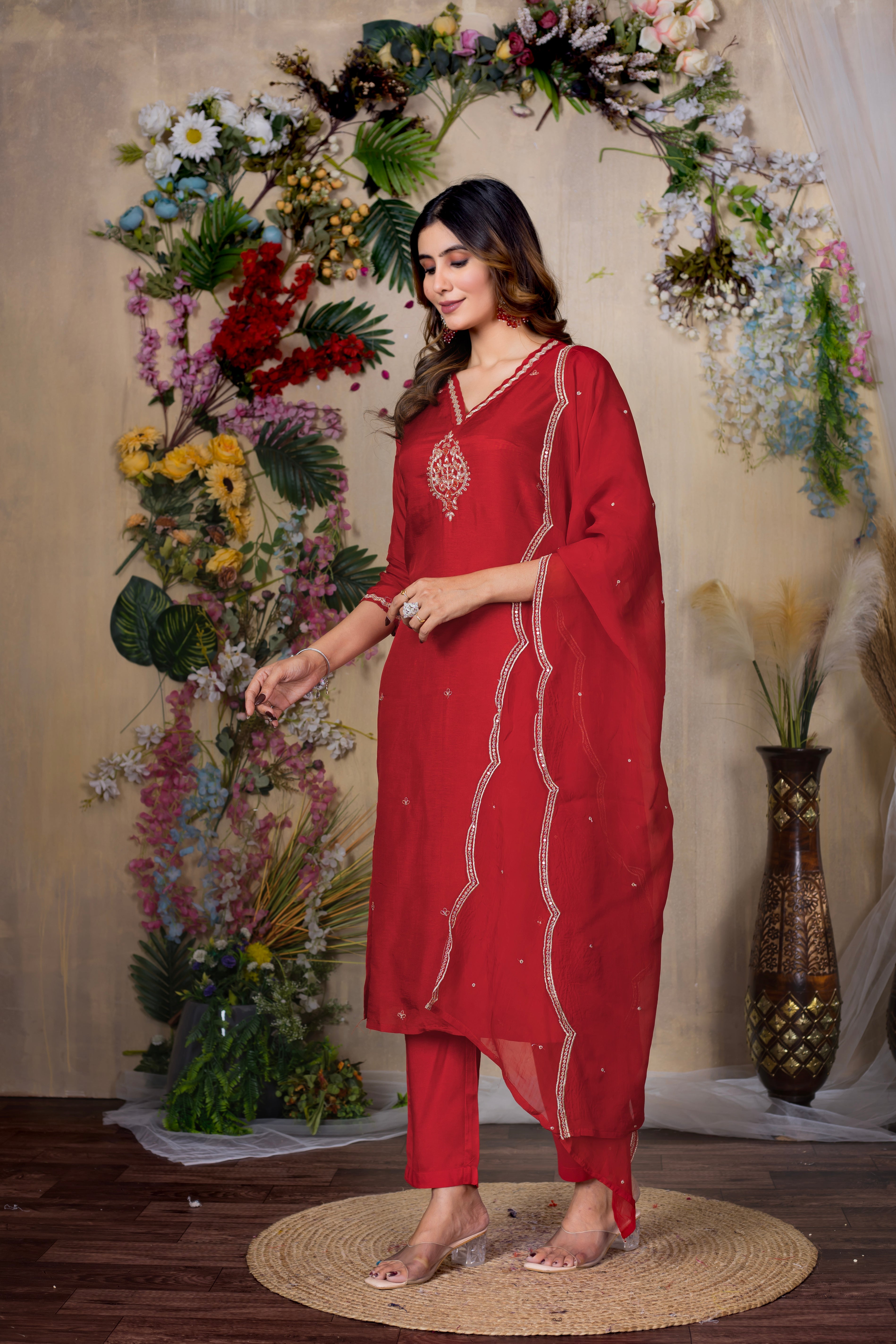 VARAMYA RED SILK WOVEN EMBROIDERED SUIT SET