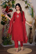 VARAMYA RED SILK WOVEN EMBROIDERED SUIT SET