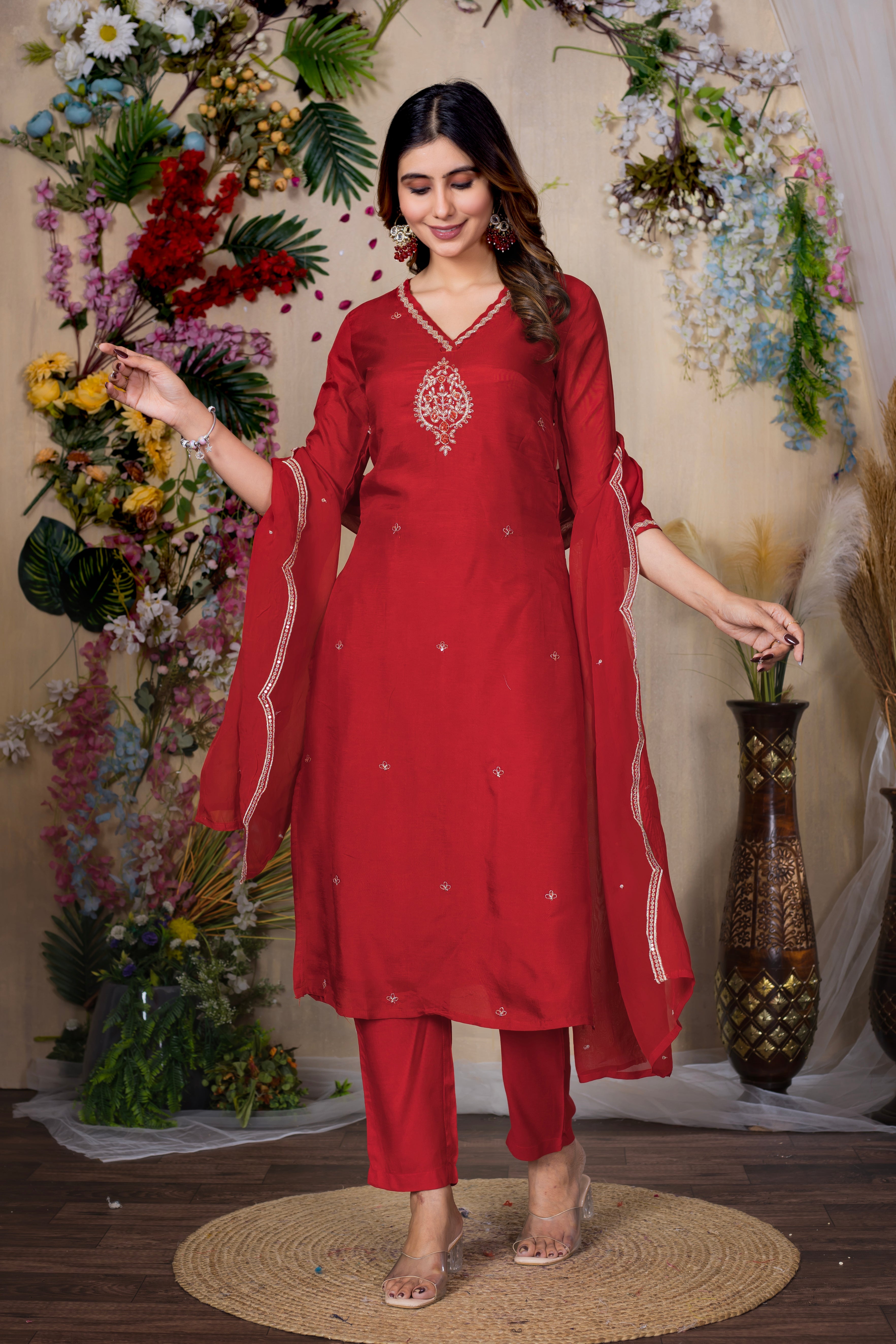 VARAMYA RED SILK WOVEN EMBROIDERED SUIT SET