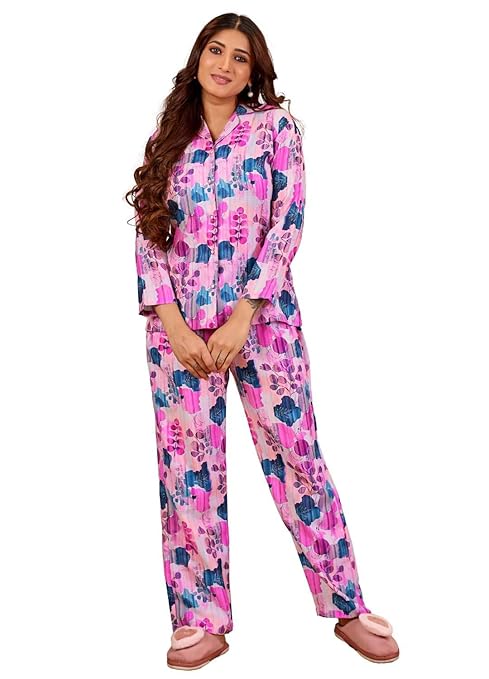 Women's Cotton Floral Printed Night Suit Set of Shirt & Pajama Set