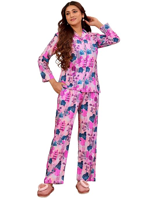 Women's Cotton Floral Printed Night Suit Set of Shirt & Pajama Set
