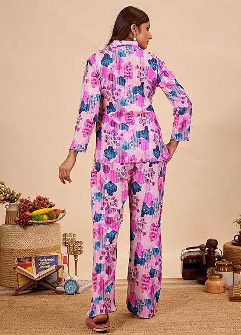 Women's Cotton Floral Printed Night Suit Set of Shirt & Pajama Set