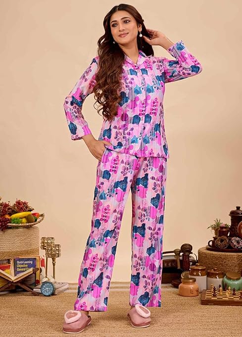 Women's Cotton Floral Printed Night Suit Set of Shirt & Pajama Set