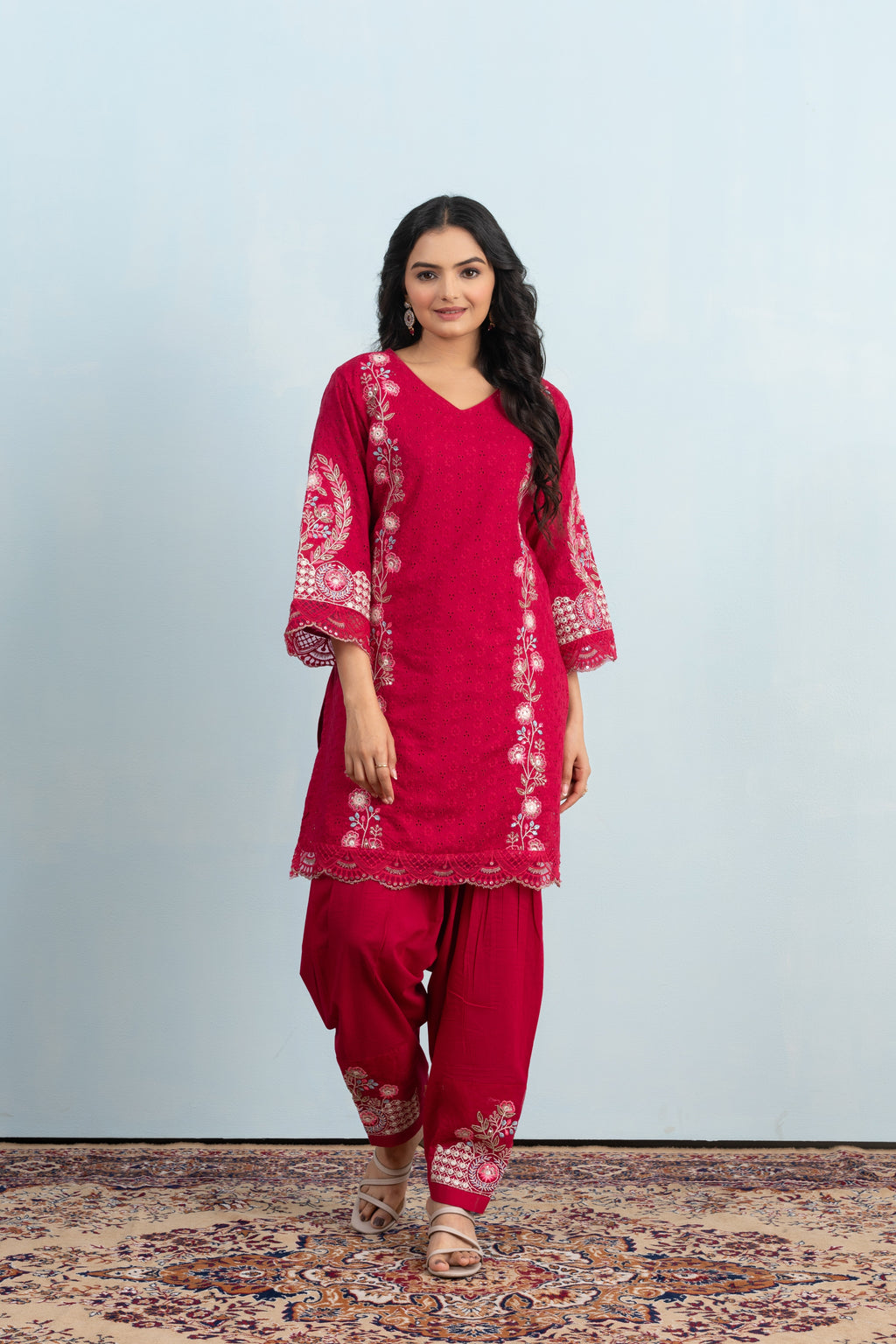 Varamya Red Embroidery Patiyala Punjabi Suit