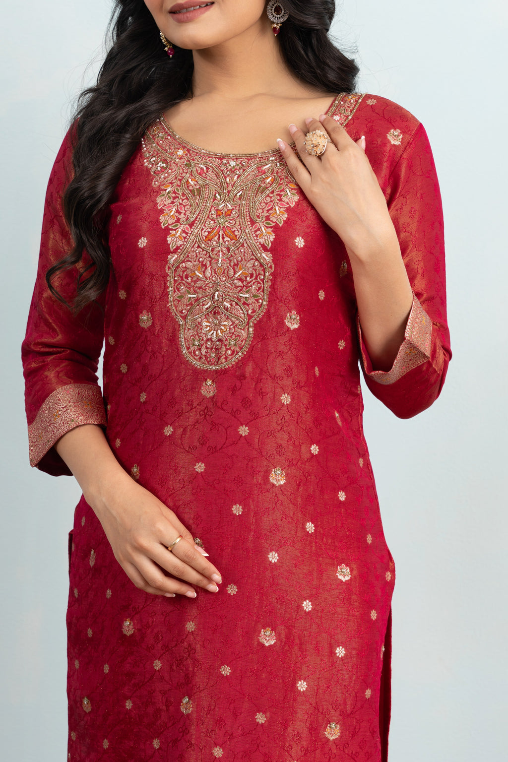 Varamya Red Zari Woven Straight Suit